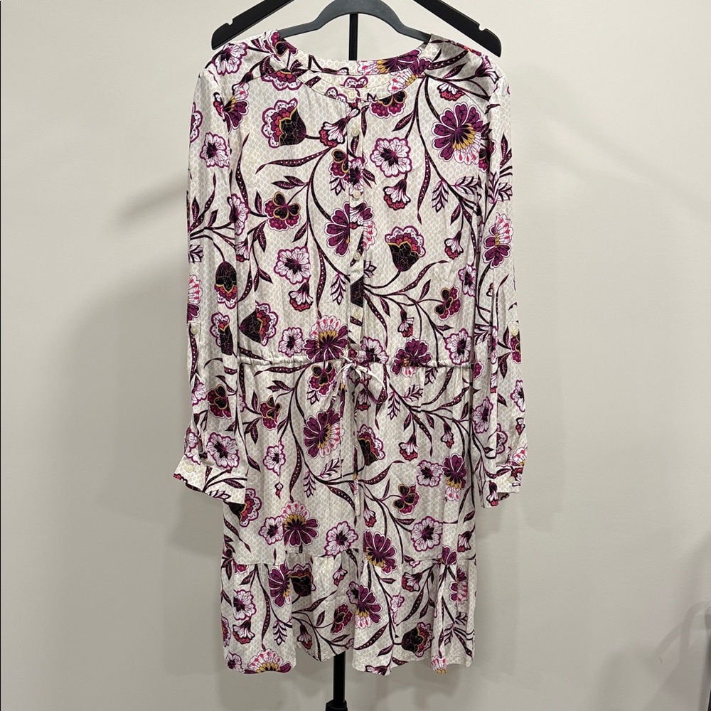 LOFT Long Sleeve Dress Purple Bohemian Floral Tie Waist Roll Tab Sleeves Size XL
